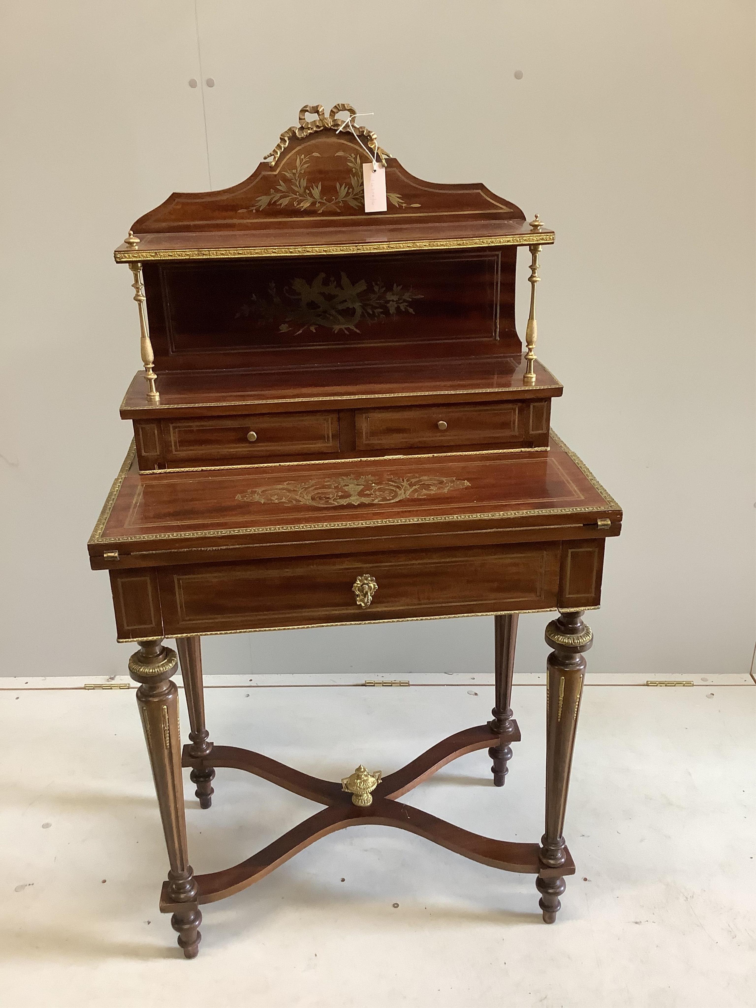 An early 20th century French brass inlaid mahogany bonheur du jour, width 70cm, depth 44cm, height 128cm